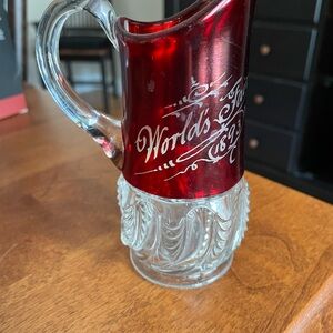 NYC World's Fair Red Glass Pitcher 1893